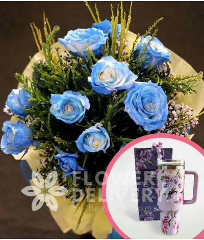 1 Dozen Blue Roses Spray (Round Bouquet) with Stanley H2.O Tumbler 40oz Violet