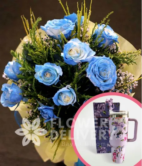 1 Dozen Blue Roses Spray (Round Bouquet) with Stanley H2.O Tumbler 40oz Violet