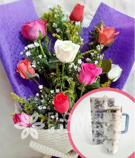 1 Dozen Mixed Roses with Stanley H2.O Tumbler 40oz Blue White