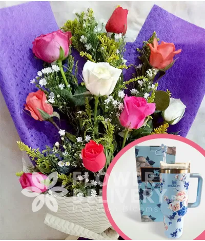 1 Dozen Mixed Roses with Stanley H2.O Tumbler 40oz Blue