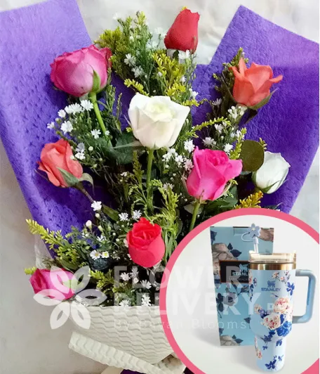 1 Dozen Mixed Roses with Stanley H2.O Tumbler 40oz Blue