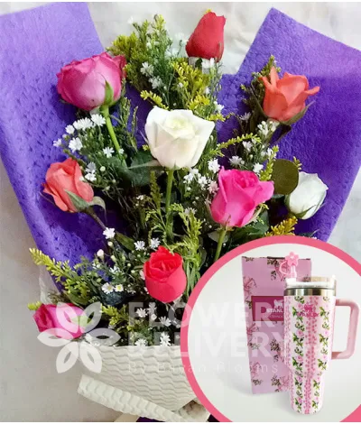 1 Dozen Mixed Roses with Stanley H2.O Tumbler 40oz Pink