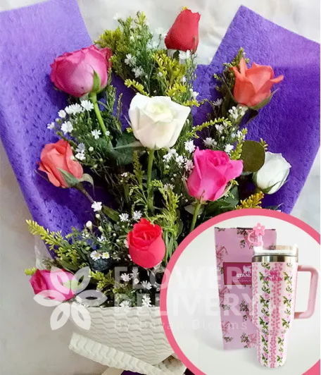 1 Dozen Mixed Roses with Stanley H2.O Tumbler 40oz Pink