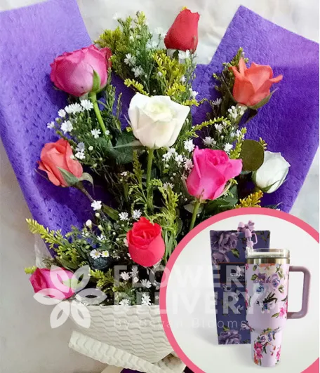 1 Dozen Mixed Roses with Stanley H2.O Tumbler 40oz Violet