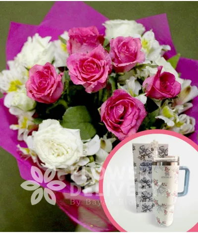 1 Dozen Pink and White Roses with Stanley H2.O Tumbler 40oz Blue White