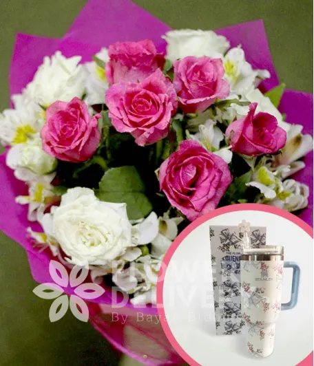 1 Dozen Pink and White Roses with Stanley H2.O Tumbler 40oz Blue White