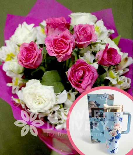 1 Dozen Pink and White Roses with Stanley H2.O Tumbler 40oz Blue