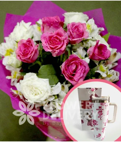 1 Dozen Pink and White Roses with Stanley H2.O Tumbler 40oz Pink White
