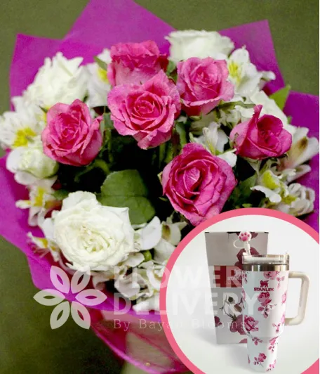 1 Dozen Pink and White Roses with Stanley H2.O Tumbler 40oz Pink White