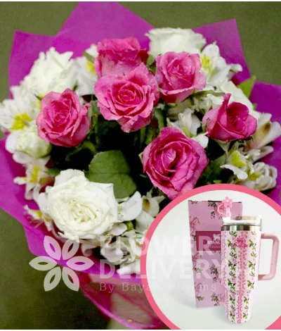 1 Dozen Pink and White Roses with Stanley H2.O Tumbler 40oz Pink