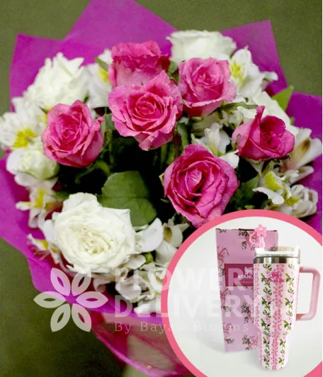 1 Dozen Pink and White Roses with Stanley H2.O Tumbler 40oz Pink