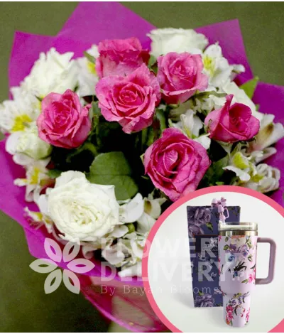 1 Dozen Pink and White Roses with Stanley H2.O Tumbler 40oz Violet