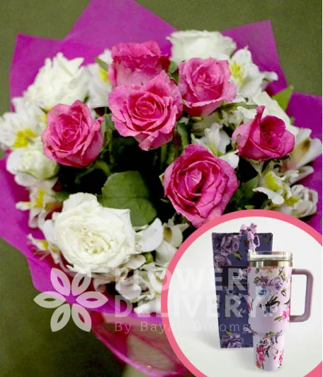 1 Dozen Pink and White Roses with Stanley H2.O Tumbler 40oz Violet