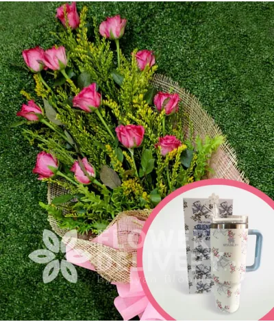 1 Dozen Pink Roses with Stanley H2.O Tumbler 40oz Blue White