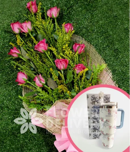 1 Dozen Pink Roses with Stanley H2.O Tumbler 40oz Blue White