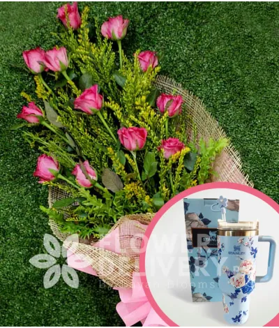 1 Dozen Pink Roses with Stanley H2.O Tumbler 40oz Blue
