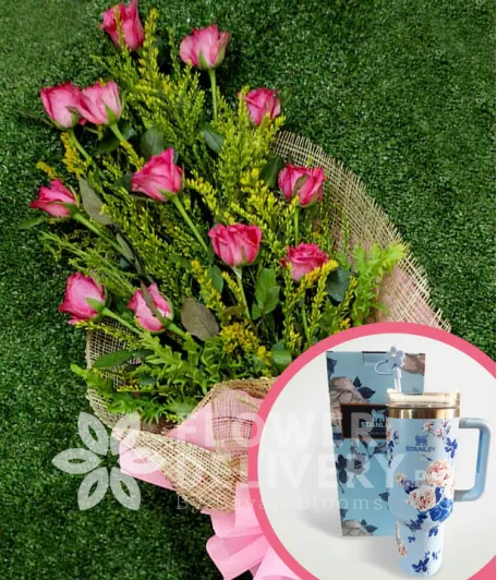 1 Dozen Pink Roses with Stanley H2.O Tumbler 40oz Blue