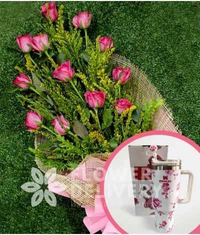 1 Dozen Pink Roses with Stanley H2.O Tumbler 40oz Pink White