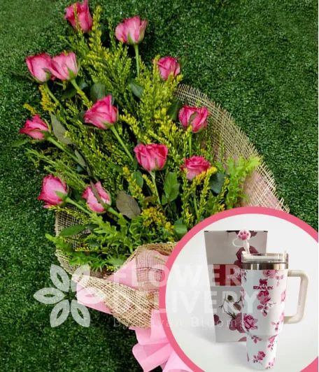 1 Dozen Pink Roses with Stanley H2.O Tumbler 40oz Pink White