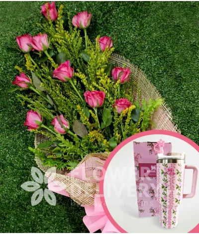 1 Dozen Pink Roses with Stanley H2.O Tumbler 40oz Pink