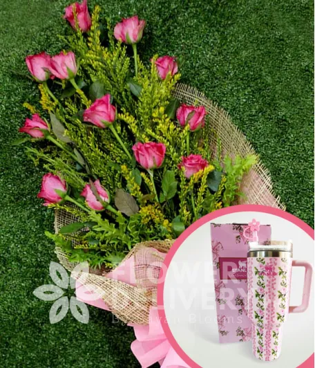 1 Dozen Pink Roses with Stanley H2.O Tumbler 40oz Pink