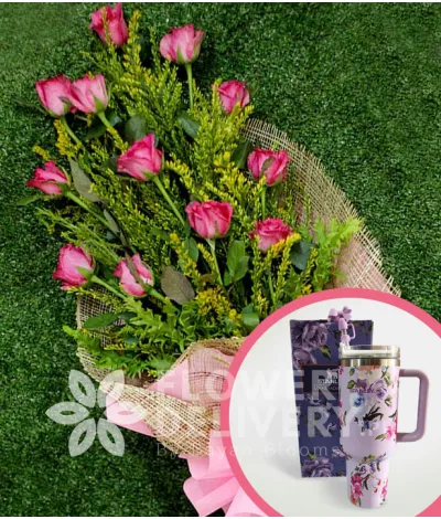 1 Dozen Pink Roses with Stanley H2.O Tumbler 40oz Violet