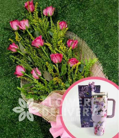 1 Dozen Pink Roses with Stanley H2.O Tumbler 40oz Violet