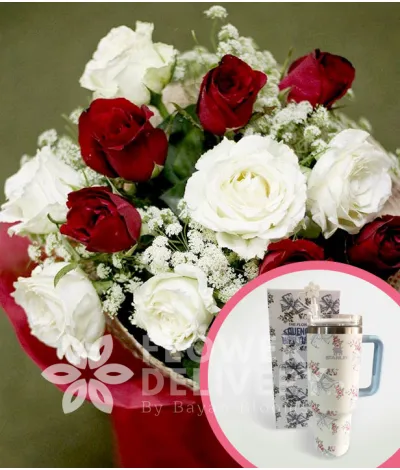 1 Dozen Red and White Roses with Stanley H2.O Tumbler 40oz Blue White