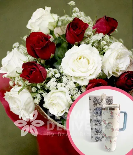 1 Dozen Red and White Roses with Stanley H2.O Tumbler 40oz Blue White