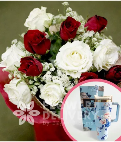 1 Dozen Red and White Roses with Stanley H2.O Tumbler 40oz Blue