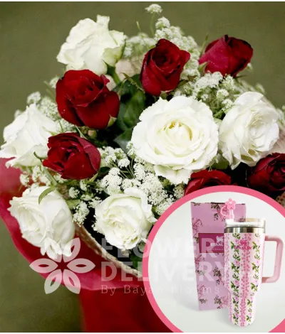 1 Dozen Red and White Roses with Stanley H2.O Tumbler 40oz Pink