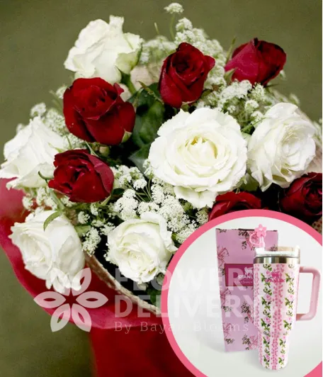 1 Dozen Red and White Roses with Stanley H2.O Tumbler 40oz Pink