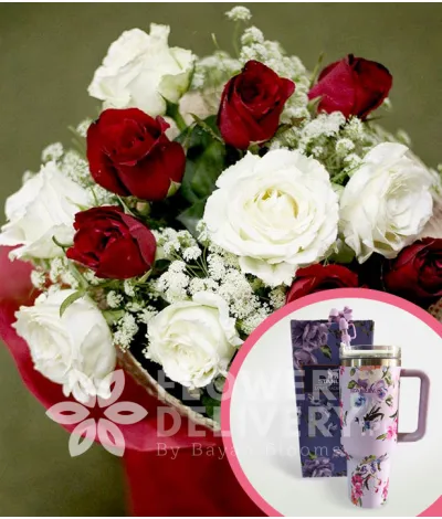 1 Dozen Red and White Roses with Stanley H2.O Tumbler 40oz Violet
