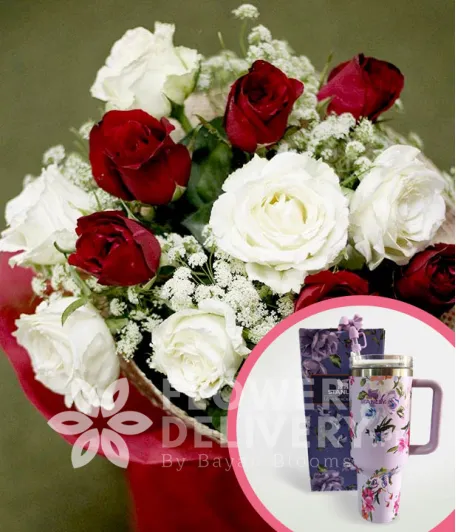1 Dozen Red and White Roses with Stanley H2.O Tumbler 40oz Violet