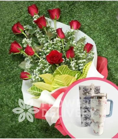1 Dozen Red Roses (Arm Bouquet) with Stanley H2.O Tumbler 40oz Blue White