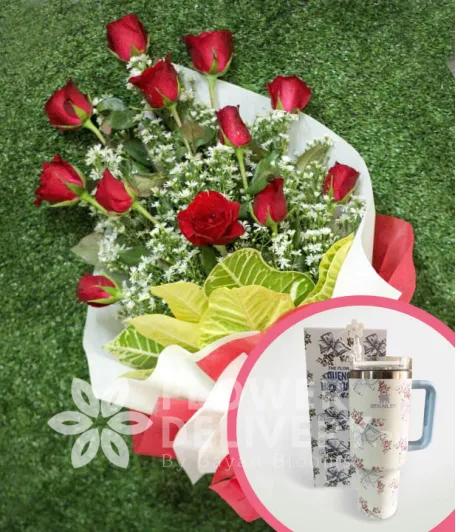 1 Dozen Red Roses (Arm Bouquet) with Stanley H2.O Tumbler 40oz Blue White