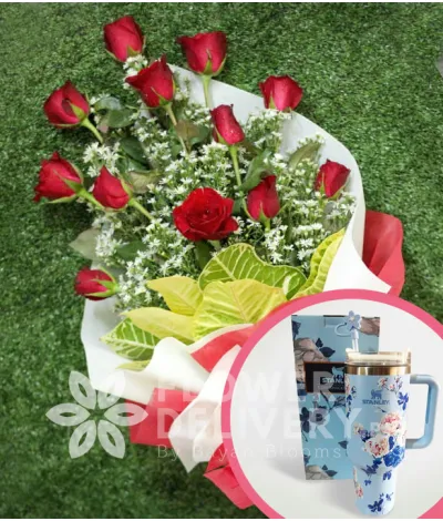 1 Dozen Red Roses (Arm Bouquet) with Stanley H2.O Tumbler 40oz Blue