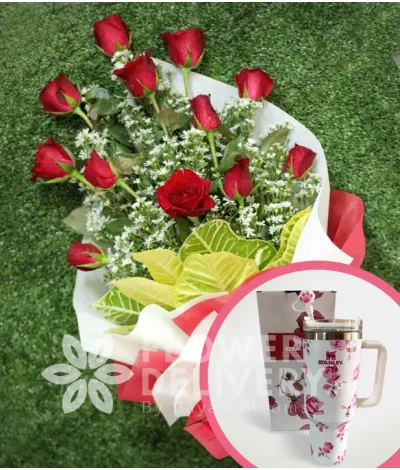 1 Dozen Red Roses (Arm Bouquet) with Stanley H2.O Tumbler 40oz Pink White