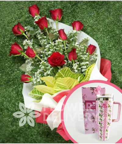 1 Dozen Red Roses (Arm Bouquet) with Stanley H2.O Tumbler 40oz Pink