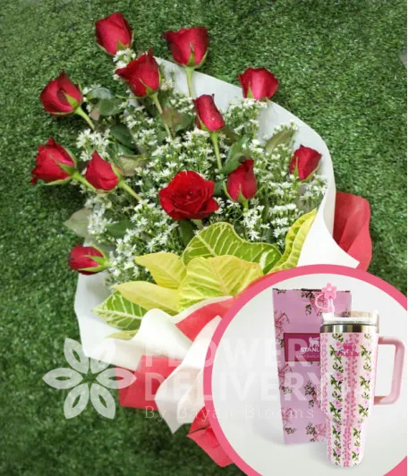 1 Dozen Red Roses (Arm Bouquet) with Stanley H2.O Tumbler 40oz Pink