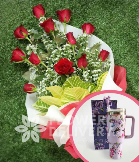1 Dozen Red Roses (Arm Bouquet) with Stanley H2.O Tumbler 40oz Violet