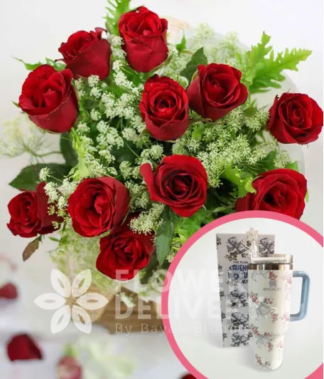1 Dozen Red Roses (Round Bouquet) with Stanley H2.O Tumbler 40oz Blue White