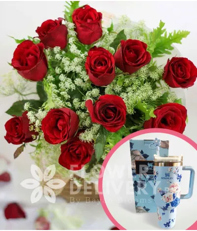 1 Dozen Red Roses (Round Bouquet) with Stanley H2.O Tumbler 40oz Blue