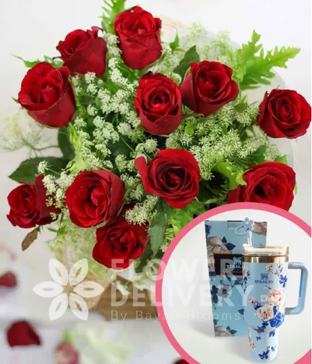 1 Dozen Red Roses (Round Bouquet) with Stanley H2.O Tumbler 40oz Blue