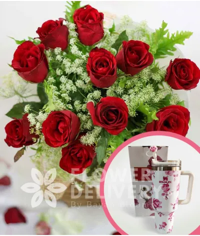 1 Dozen Red Roses (Round Bouquet) with Stanley H2.O Tumbler 40oz Pink White