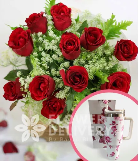 1 Dozen Red Roses (Round Bouquet) with Stanley H2.O Tumbler 40oz Pink White
