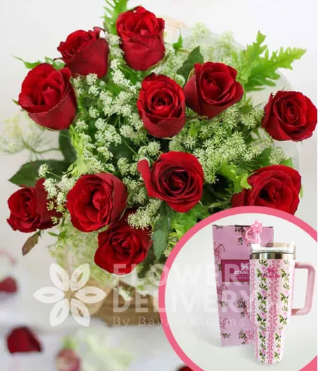1 Dozen Red Roses (Round Bouquet) with Stanley H2.O Tumbler 40oz Pink