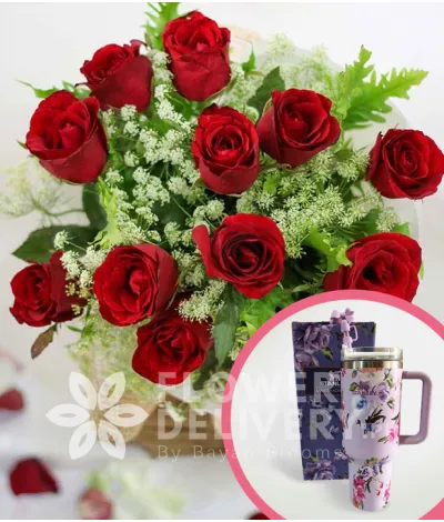 1 Dozen Red Roses (Round Bouquet) with Stanley H2.O Tumbler 40oz Violet
