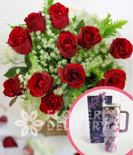 1 Dozen Red Roses (Round Bouquet) with Stanley H2.O Tumbler 40oz Violet