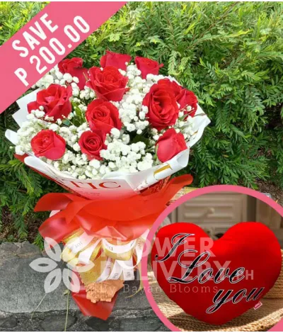 1 Dozen Red Roses with Heart Pillow